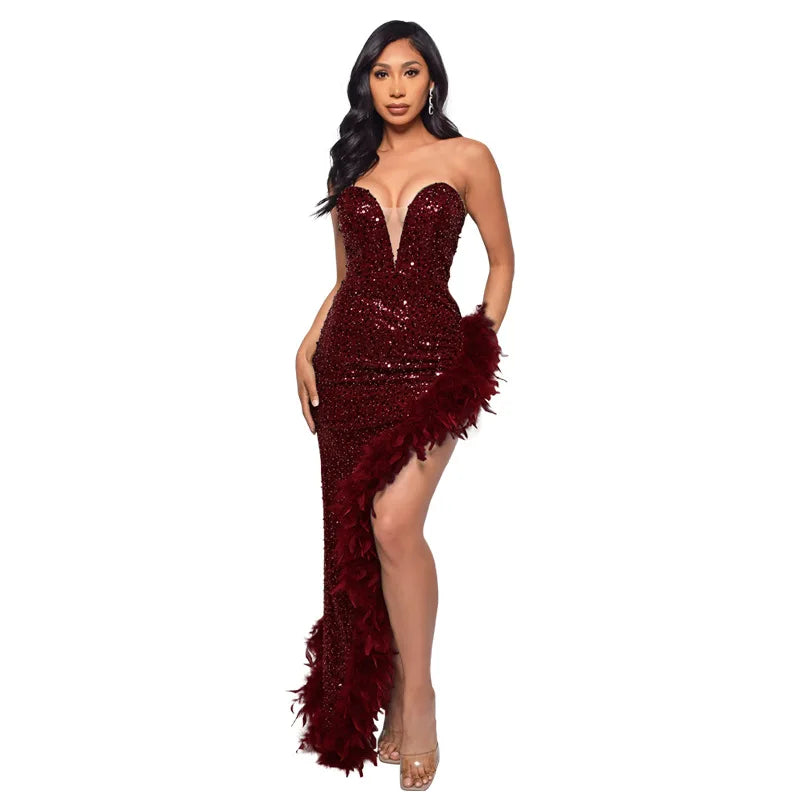 Strapless Sequin Feather Dress Elegant Sleeveless Long Bodycon – Black  Diamond Makeup