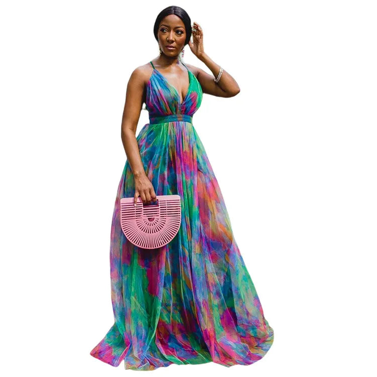 formal tie dye dress Poly USA 8346 Long A-line Glitter Tie Dye Formal Dress
